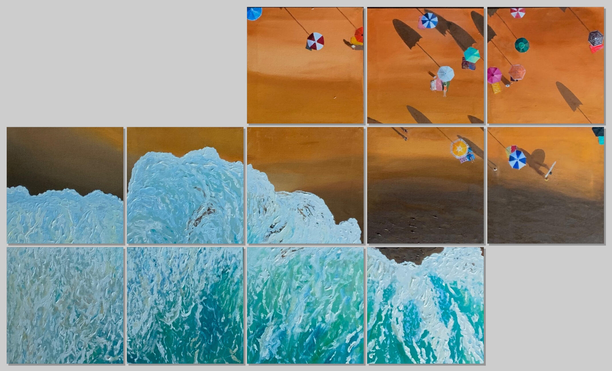 Modular Polyptych · Acrylic on canvas, An experiment in fragmentation and continuity, dividing a single composition across multiple individual canvases that assemble to form one larger image.