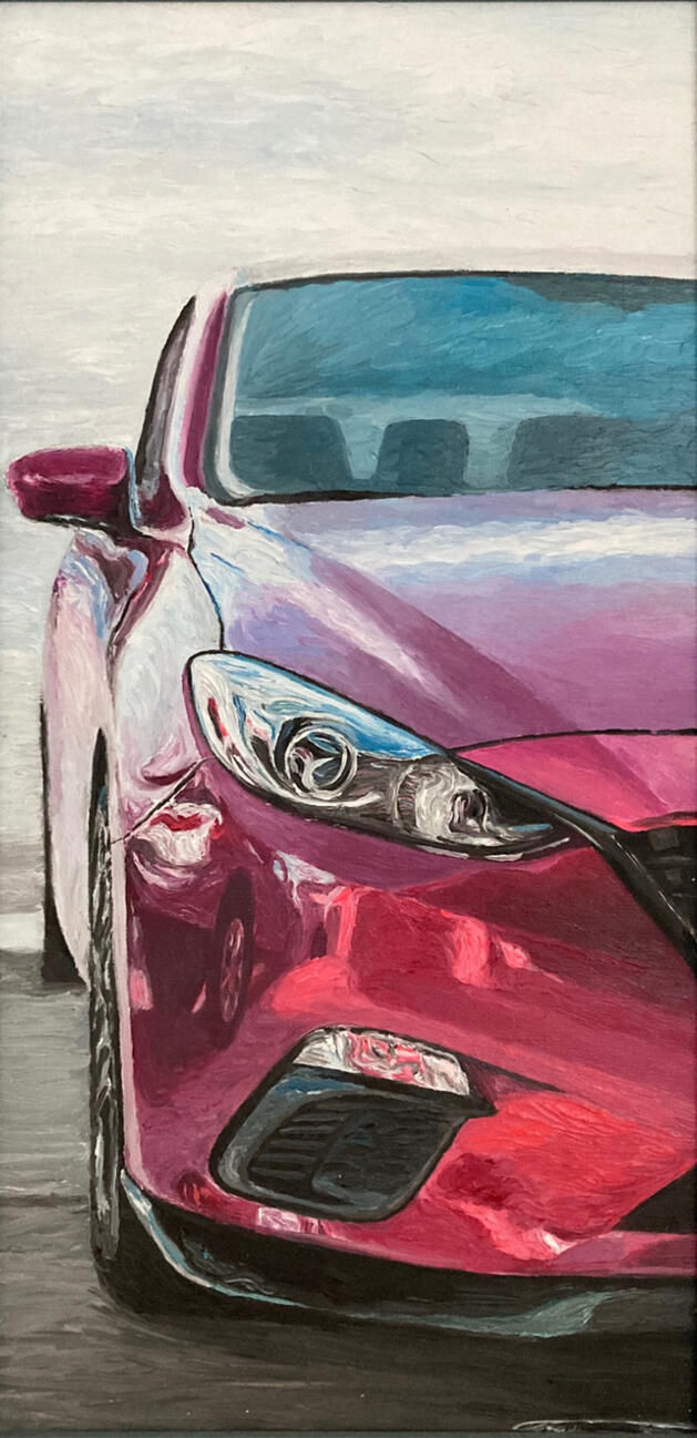 Automotive Realism · Oil on canvas, A study of reflected color and light across the complex surfaces of a car.