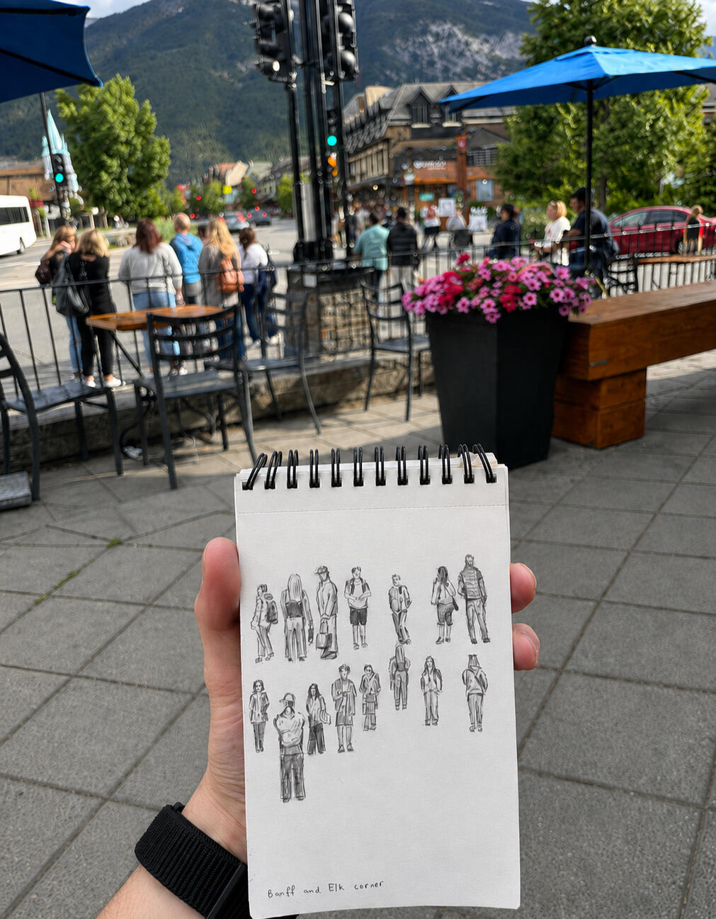 Urban Figure Studies · Graphite on paper, Quick observational sketches made on the streets of Banff, capturing passersby in the brief moments before they moved out of view.