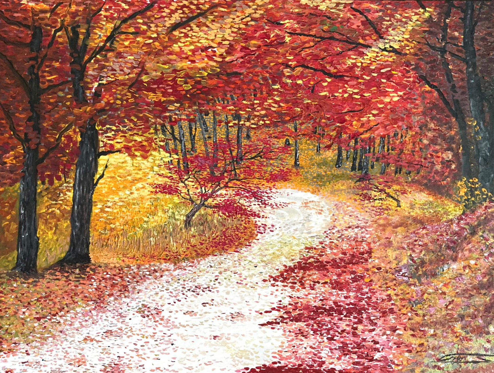 Pointillist-Inspired Landscape • Acrylic on canvas, An autumn woodland study created primarily through layered points of color rather than traditional brushstrokes.