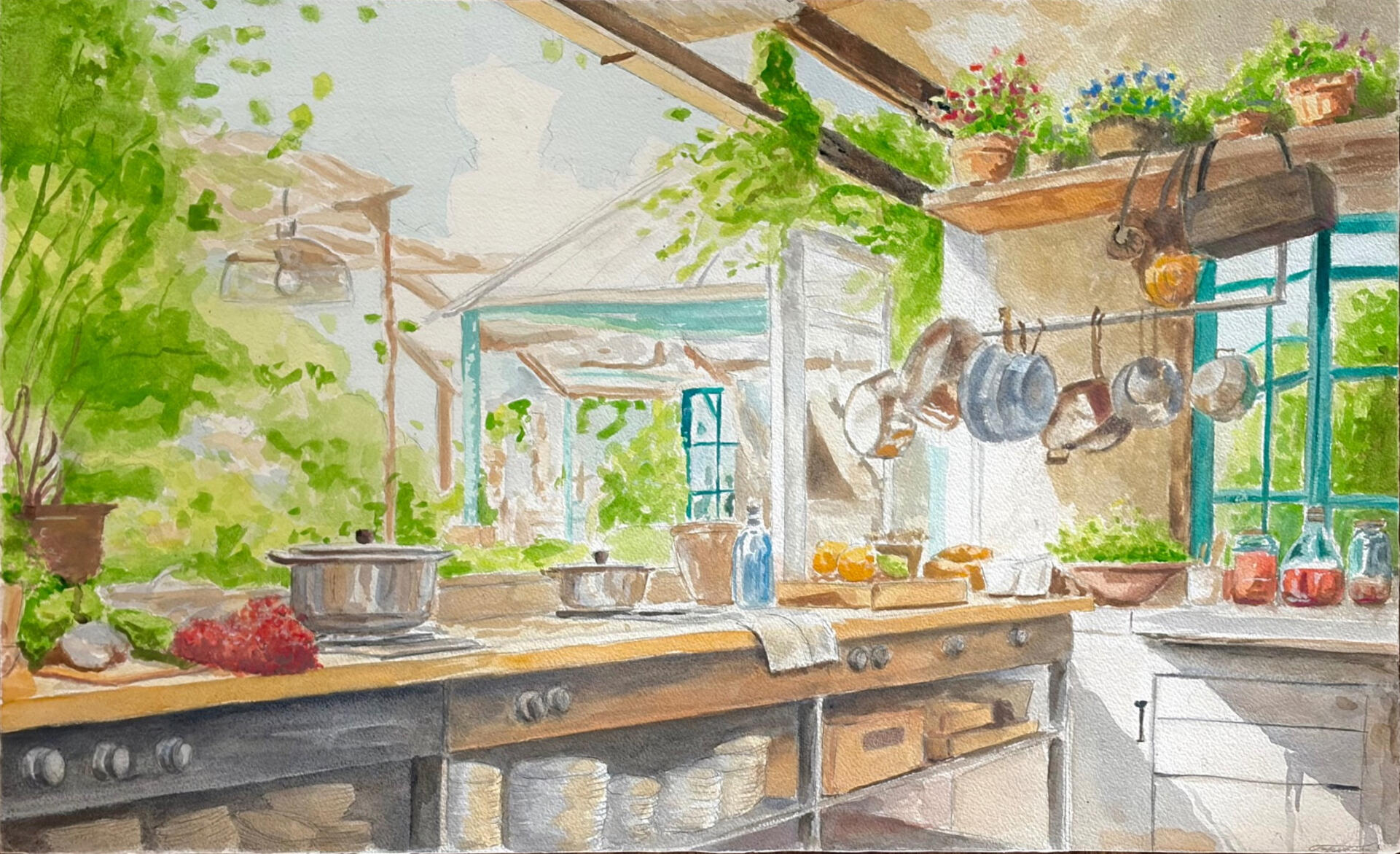 Luminous Architectural Realism · Watercolor on paper, A study of watercolor’s transparency, using restrained washes and preserved highlights to capture the softness of natural light.