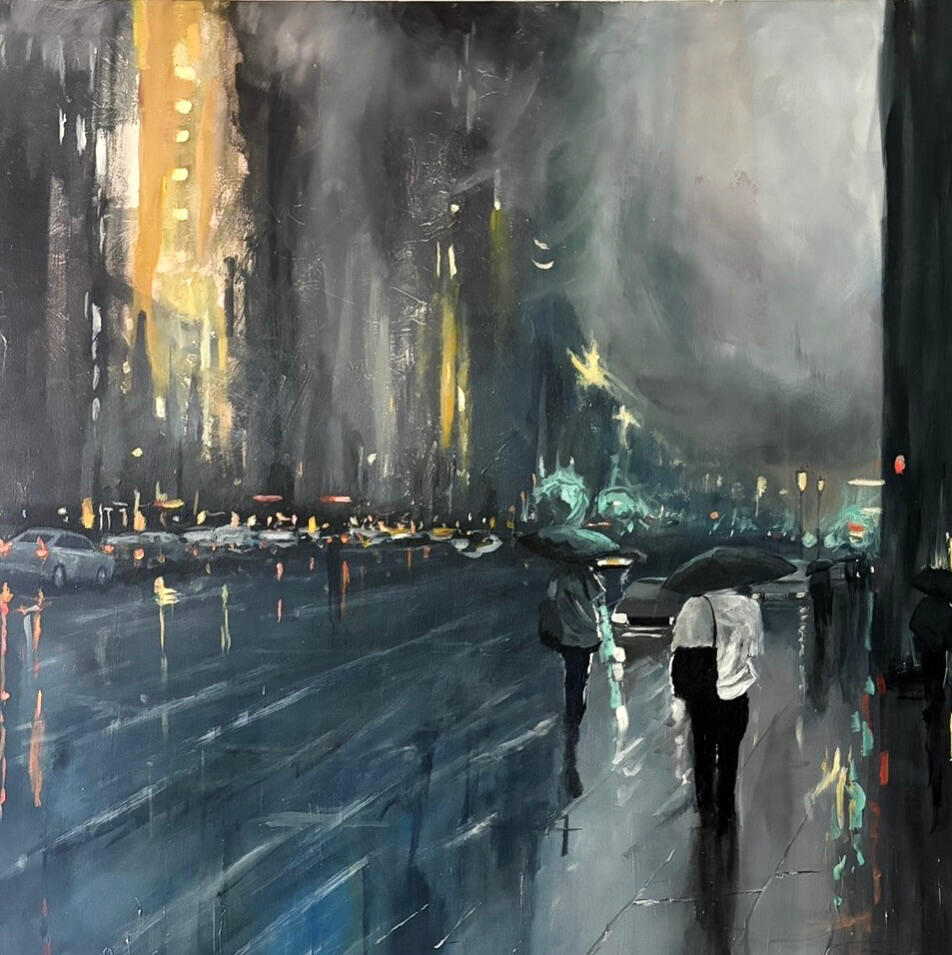 Atmospheric Urban Impressionism · Acrylic on canvas, An artist study inspired by another painter’s work.
