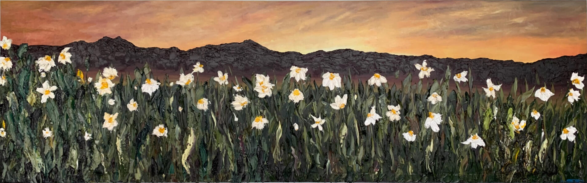 Textural Impressionist Landscape · Oil on canvas, A large-format study of impasto and dimensionality, using substantial layers of oil paint to build a heavily textured field of flowers and landscape.